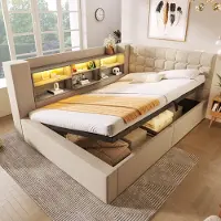 Flieks Divano letto idraulico 140x190cm con contenitore, letto imbottito con USB, letto per ragazzi con led e vani a giorno, biancheria matrimoniale, beige