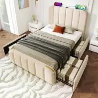 STILVORA Letto imbottito singolo , 90x200 cm, con spazio contenitore, porta USB di tipo C per la ricarica, finiture dorate, letto per ragazzi con cassetti, color beige (senza materasso)