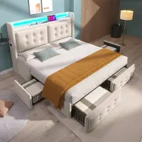MODFU Letto imbottito multifunzionale 180 x 200 cm con porta di ricarica USB e 4 prese, Letto matrimoniale con contenitore, Rete in legno e metallo, Beige (senza materasso)