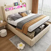 Flieks Letto imbottito 140x200 cm con USB e Type-C, letto boxspring con contenitore, testiera con LED e vano portaoggetti, letto matrimoniale per ragazzi, tessuto in lino, beige