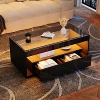 OKWISH Tavolino con illuminazione a LED, tavolino con 2 cassetti, tavolino in metallo lucido con design multistrato, nero