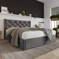 MODFU Letto matrimoniale con struttura a molle , imbottito, dimensioni 160x200 cm, con meccanismo idraulico, rete a doghe in metallo, senza materasso, colore grigio