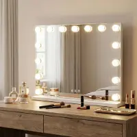 Costway Specchio cosmetico Hollywood, specchio cosmetico con 15 lampadine LED, 3 colori di luce, luminosità regolabile e comando touch 58 x 43 cm