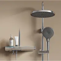 Emke Sistema doccia con termostatico cromo con illuminazione ambientale a LED blu, display digitale, doccia a pioggia 250 mm, bocca da bagno e ripiano in vetro F25