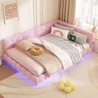 STILVORA Letto imbottito trasformabile in divano letto, 140x200 cm, con illuminazione LED e connessioni USB e di tipo C, rivestito in tessuto morbido, colore rosa (senza materasso)
