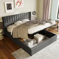 Merax Letto imbottito 140x200cm con rete senza piastra di supporto, letto matrimoniale idraulico con rete a doghe, letto da camera funzionale in lino, grigio