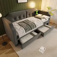 OKWISH Divano letto giorno 90x200 cm con doghe in legno, letto giorno bambino con lampada da lettura USB-Tipo-C e 2 cassetti portaoggetti (senza materasso) - grigio
