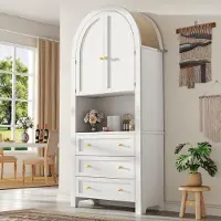 MODFU Mobile da cucina con cassettiera, mobile alto con ante, mobile da cucina con spazio espositivo aperto, bianco