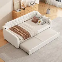 MODFU Divano letto 90x200 cm con letto estraibile su rotelle e porta USB, divano letto, letto in legno, daybed, lettino per bambini, letto per ragazzi, beige lino (senza materasso)