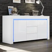 Merax Credenza lucida con LED, cassettiera con 3 cassetti e 2 ante, mobile da soggiorno con ripiani regolabili, mobile laterale in MDF, bianco