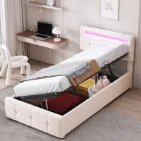 Merax Letto imbottito 90x200cm con LED e rete a doghe, letto contenitore idraulico con testata regolabile in altezza, letto singolo in velluto letto per bambini letto con contenitore alto