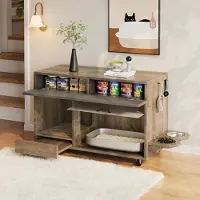 Flieks Credenza , mobile per lettiera con piatti per gatti, vaschetta per la sabbia estraibile e cassetto, 100x45,5x67cm, Rovere