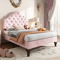 Flieks Letto imbottito letto singolo 90x200cm letto per ragazzi con rete a doghe e testata a conchiglia, letto in legno massiccio letto per bambini in velluto, rosa