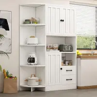 Merax Mobile angolare con 14 scomparti, 3 armadi e 2 cassetti, credenza con ripiani regolabili, design moderno ad arco, 104×35×155 cm, bianco