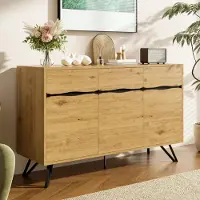 Merax Credenza a 3 ante in look legno con gambe in metallo, cassettiera con tanto spazio, design moderno, robusta e di facile manutenzione, per il soggiorno, colore legno