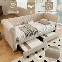 MODFU Letto pieghevole Letto da giorno 90x200 cm con schienale alto, Letto imbottito Letto per bambini con 2 cassetti contenitori, Letto per bambini, Beige (senza materasso)
