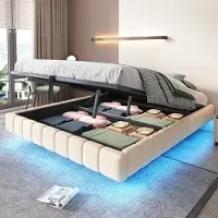 Flieks Letto imbottito idraulico 160x200cm senza testata, letto a molle insacchettate letto contenitore letto matrimoniale con LED, letto per ragazzi letto in legno, lino, beige