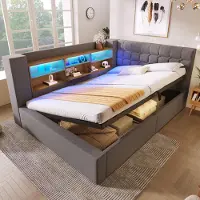 Flieks Divano letto idraulico 140x190cm con contenitore, letto imbottito con USB, letto per ragazzi con led e vani a giorno, biancheria matrimoniale, grigio