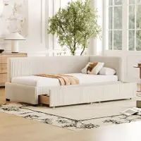 MODFU okwish Divano letto 90×200 cm con materasso, divano letto con rete a doghe in legno, letto per bambini con 2 ampi cassetti portaoggetti, letto per ragazzi in materiale confortevole, beige
