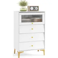 Costway Cassettiera con 3 cassetti, mobile contenitore moderno con anta in vetro a coste incernierata, cassetti, gambe in metallo dorato e protezione antiribaltamento