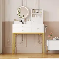 Flieks , toletta con funzione di ricarica e supporto, toletta per il trucco con cassetti e ripiano, specchio con led, 80x40x134 cm, bianco