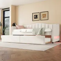 Flieks Letto imbottito 90x200cm con letto estraibile, divano letto da giorno con LED, divano letto funzionale letto per giovani letto per ospiti, biancheria, beige