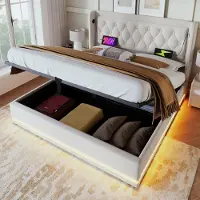 OKWISH Letto boxspring, letto imbottito 160 x 200 cm con testata con porta di ricarica USB e illuminazione LED, letto idraulico con contenitore e cassetto (senza materasso) - Beige