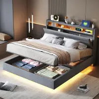 Merax Letto imbottito 140x200 con LED e testata reversibile, letto a molle idrauliche in lino, letto contenitore galleggiante con connessione USB, grigio