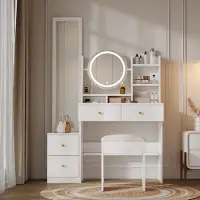 Flieks , tavolo da toilette con sgabello, mensola e specchio a figura intera, cassettiera per il trucco, tavolo da toilette con specchio girevole, set completo di tavolo da toilette, bianco