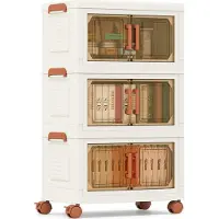 Costway 57 L Contenitori pieghevoli con coperchio, confezione da 3 contenitori impilabili con ruote, organizer per armadi Bianco e Marrone