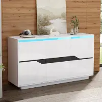 Merax Credenza 140 cm con 3 ante e ripiani regolabili, cassettiera con design a blocchi di colore, illuminazione app LED, bianco-nero lucido
