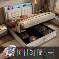 Flieks Letto imbottito 160x200cm con funzione di carico, letto matrimoniale per ragazzi con LED, letto contenitore idraulico con rete a doghe, cotone beige