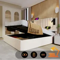 Flieks Letto imbottito 140x200cm con lampada da lettura, letto matrimoniale contenitore letto a molle con funzione di ricarica (USB, Type-C), letto per ragazzi con rete a doghe, cotone