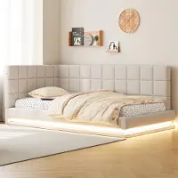 ALFORIGO Divano letto 90 x 200 cm con illuminazione a LED, presa USB e rete a doghe, letto multifunzionale imbottito in lino, capacità massima 150 kg, color beige