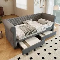 STILVORA Letto imbottito 90x200 cm Divano letto con testiera vintage, divano letto con 2 cassetti portaoggetti, letto per ragazzi con rete a doghe, lino, grigio (senza materasso)