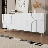 Merax Credenza geometrica a 4 ante, cassettiera per sala da pranzo con curve irregolari, contenitore multiplo in MDF e PB, mobili da soggiorno bianchi