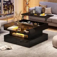 Kein Hersteller Tavolino, 80x80x45 cm, con altezza regolabile, tavolino da caffè, vano contenitore nascosto, 2 cassetti, tavolino da divano, illuminazione LED, finitura lucida, vetro temperato