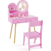 Costway Tavolo da trucco per bambini con illuminazione, tavolo da toeletta 2 in 1 con specchio, 2 cassetti, ripiano e 3 ganci, comò da trucco per bambine dai 3 anni in su, rosa