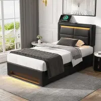 OKWISH Letto imbottito, Letto per bambini, 90x200 cm, Struttura letto con porta USB, Letto singolo con illuminazione LED e 4 cassetti, senza materasso, nero