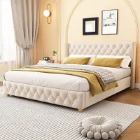 Flieks Letto imbottito 160x200cm letto per ragazzi con rete a doghe, letto matrimoniale letti classici letto per bambini letto in legno massiccio, velluto, beige
