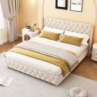 OKWISH Letto matrimoniale imbottito 160x200 cm con rete a doghe e testata, rivestimento con bottoni, rivestimento con rivetti, velluto, beige chiaro (senza materasso)
