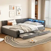 Merax daybed Daybed 140x200 cm, divano letto con LED, USB+Tipo C, 2 cassetti, vano portaoggetti, divano letto, letto imbottito in lino, grigio