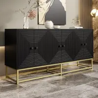 Merax Credenza moderna in nero con superficie opaca, mobile contenitore con 3 ante doppie, cassettiera con ampio spazio, gambe dorate