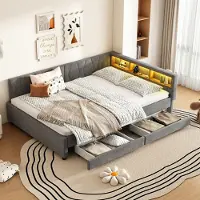 OKWISH divano letto 90×200 per studenti con materasso e cassetti, letto per bambini con USB+Tipo C, letto da giorno con illuminazione LED telecomandata, grigio