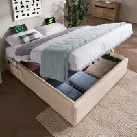 STILVORA Letto imbottito 140×200 cm, letto matrimoniale con contenitore, struttura con porta USB-C e rete a doghe su tutta la superficie, senza testiera, in lino, beige (materasso escluso)
