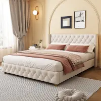 Flieks Letto imbottito 180x200cm letto per ragazzi con rete a doghe, letto matrimoniale letti classici letto per bambini letto in legno massiccio, lino, beige