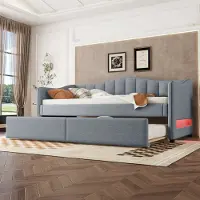 Flieks Letto imbottito 90x200cm con letto estraibile, divano letto da giorno con LED, divano letto funzionale letto per giovani letto per ospiti, biancheria, grigio