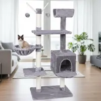 Feel2Home Albero per gatti Kratzbaum con grotta, amaca, tunnel girevole e 3 piattaforme, 5 livelli, 57x35x131 cm, grigio