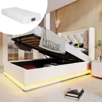 OKWISH Letto boxspring, letto imbottito 90 x 200 cm con testata con porta di ricarica USB e illuminazione LED, letto idraulico con contenitore e cassetto (con materasso) - Beige