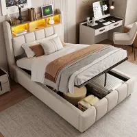 Flieks Letto imbottito 90x200cm con USB &Type-C, letto a molle insacchettate letto contenitore con LED e testata contenitore, letto singolo letto per ragazzi, biancheria, beige